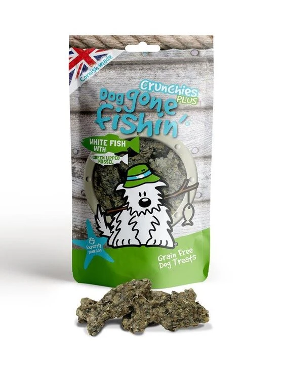 6 X Dog Gone Fishin' White Fish With Green Lipped Mussel Crunchies Plus Dog Treats 75g 3 6 X Dog Gone Fishin' White Fish With Green Lipped Mussel Crunchies Plus Dog Treats 75g