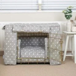 Lords & Labradors Dog Crate Set In Grey Spot -Danish Design || Scruffs || Great&Small Sales grey spot gold crate set