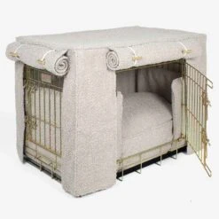 Lords & Labradors Dog Crate Set In Mink Boucle -Danish Design || Scruffs || Great&Small Sales lords and labradors mink boucle crate set gold crate side studio