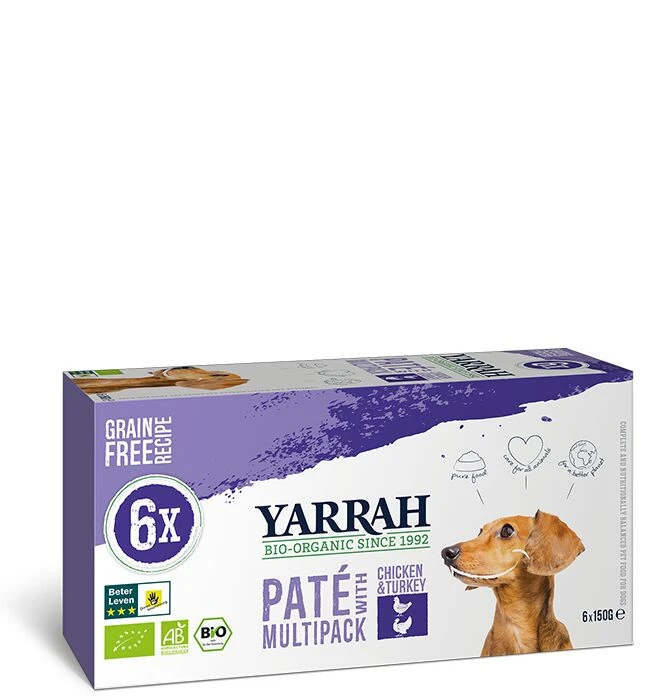 4 X Yarrah Organic Dog Grain Free Pate Multipack Beef Chicken & Turkey 6x150g 3 4 X Yarrah Organic Dog Grain Free Pate Multipack Beef Chicken & Turkey 6x150g